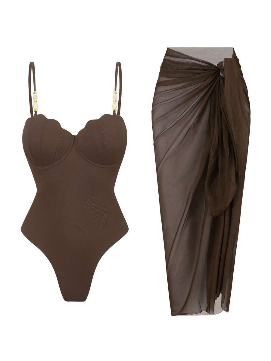 Swim Oasis Women's Casual Vacation Beach Spaghetti Strap Special Fabric Jumpsuit 2 Pieces Swimsuit Brown Bodysuit Brown Two Piece Set Women Skirt Swimsuit Set Brown Bikini Set Brown Swimsuit Women - Brown - View 1