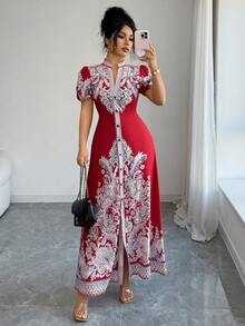 SHEIN Elenzya 2025新款女士深红色优雅性感V领开衩下摆修身长裙，适合女士婚礼、正式晚宴、派对、约会、情人节等场合（花卉图案） - 紅色 - 查看 3