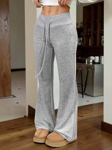 CovetEZ Solid Color Drawstring Twist Flare Leg Casual Versatile Knit Women Pants