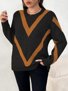 EMERY ROSE 大码女式休闲时尚修身圆领长袖提花针织套头毛衣，秋冬款 - 薑色 - 查看 7