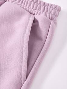 JNSQ 2pcs/Set Young Girls' Round Neck Short Sleeve Sweatshirt With Bow Print & Sweatpants, Spring/Summer - Pink - View 5