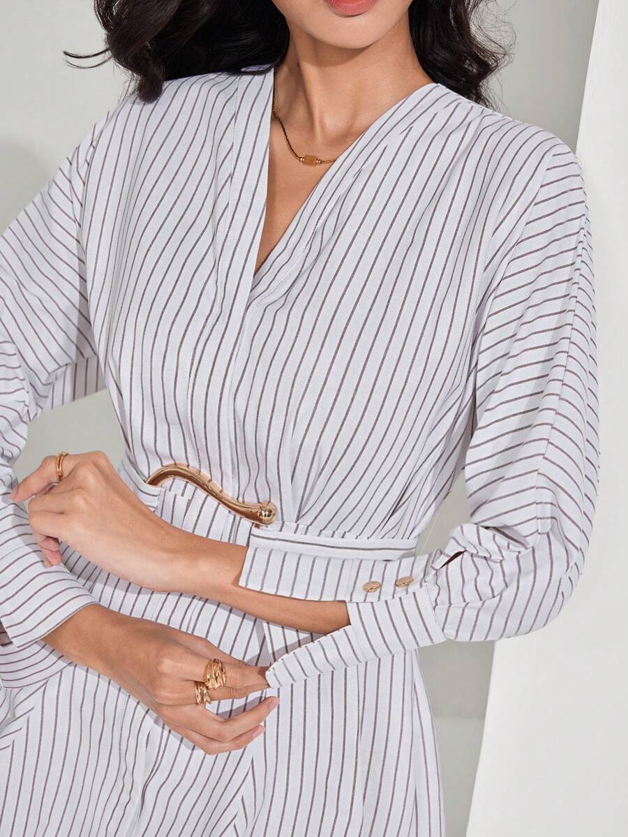 Heiryn Damen Lässig Gestreiftes Langarm Minikleid - Weiss - Übersicht 1