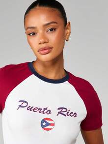 MISSGUIDED Puerto Rico Flag Print Raglan Baseball Tee Short Sleeve Crew Neck Cropped Cotton T-Shirt Summer Patriotic Casual Top - Multicolor - View 5