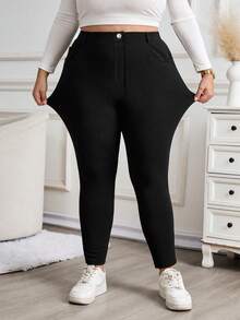 SHEIN CURVE+ Plus Size Women High Waist Solid Color Pants, Suitable For Daily Wear/Winter Baggy - Black - View 4