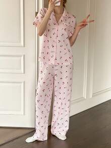 SHEIN Napfluff 樱桃印花翻领短袖睡衣套装 - 粉色 - 查看 3