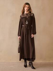Chiquease Women's Bohemian Casual Dress, Romantic Lace Patchwork Loose A-Line Asymmetrical Dress, Coffee Color, Spring/Autumn - Coffee Brown - View 1