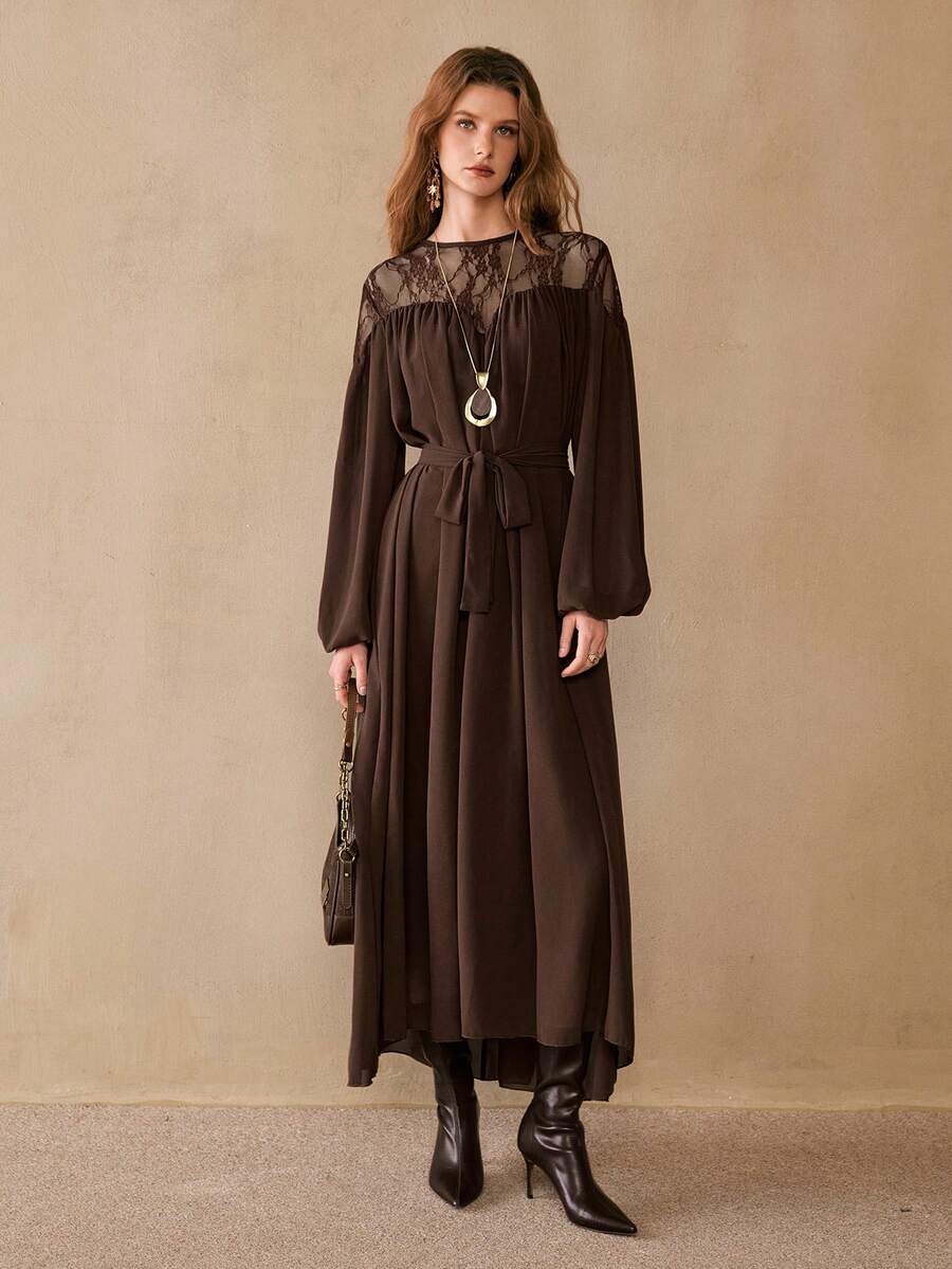 Chiquease Women's Bohemian Casual Dress, Romantic Lace Patchwork Loose A-Line Asymmetrical Dress, Coffee Color, Spring/Autumn - Coffee Brown - View 1