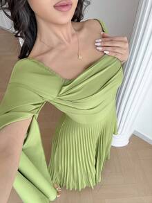 Modelyn 女士方领纯色褶裥开衩长袖优雅连衣裙 - 綠色 - 查看 6