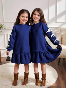 Tween Girl Casual Sports Elegant Contrast Color 3D Bow Ribbon Bow Loose Oversize Drop Shoulder Patchwork Ruffle Hem Long Sleeve Textured Plaid Embossed Sweatshirt Dress, Navy Blue Autumn Winter Clothes For Women Navy Blue Girl Dress Girls Long Sleeve Dress Modest Girls Dress Quilted Navy Dress Girls Dress