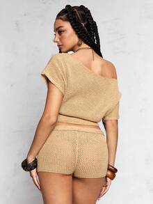 ROMWE J-Fashion Vintage Sexy Glitter Knit Adjustable Asymmetrical Shoulder Women Sweater Set - Gold - View 3
