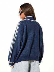 SUMWON WOMEN Oversized Knitted Zip Through Cardigan With Stripe Detail And Front Pockets For Casual Layering And Autumn Winter Styling - Navy Blue - View 2