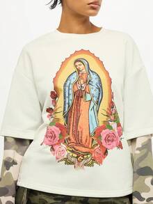 SUMWON 加大码迷彩袖圣母玛利亚印花圆领短袖宽松T恤，饰有玫瑰图案 - 白色 - 查看 5