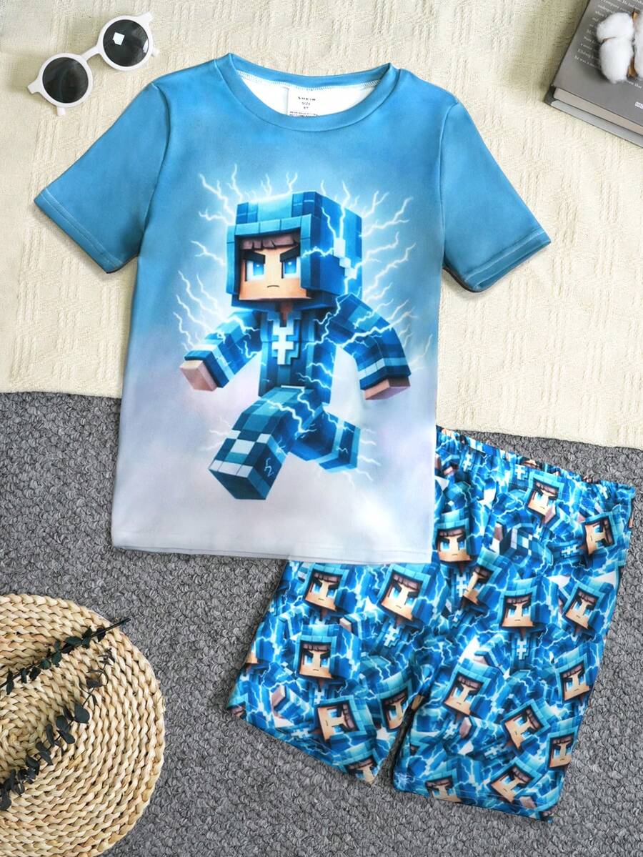 小男孩创意卡通机器人与闪电图案印花短袖连体衣和短裤两件套睡衣套装