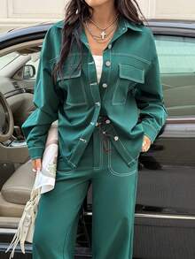 SHEIN EZwear Camisa con hombros caídos y ribete de contraste y pantalón de pierna ancha - Verde Oscuro - Ver 5