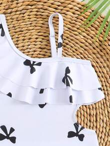 1 pieza Traje de baño cómodo con un solo hombro, volantes y lazo negro decorativo para niñas bebés, adecuado para playa, piscina, , surf, vacaciones y viajes de verano - Blanco y Negro - Ver 4