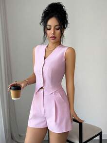 SHEIN Elenzya Women's Pink Casual Vest And Shorts 2 Pieces Set, Summer - Pink - View 3