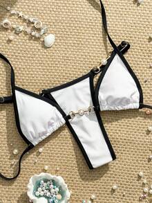 Swim Vcay Swimsuits For Woman Summer Beach Rib Binding Trim Halter Micro Triangle Bikini - White - View 3