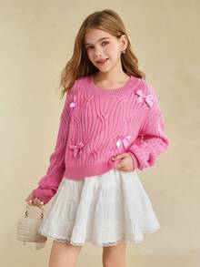Soft Pink Cute Autumn Party School Girls' Knitted Sweater, Crew Neck Short Style 3D Bow Decor, Versatile For Casual Fairy Outings, Photography - Hot Pink - View 5
