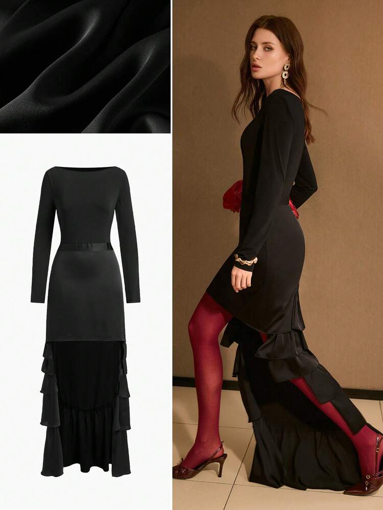 FASHIONABLE BOAT NECK LONG SLEEVE PATCHWORK SATIN HIGH-LOW LAYERED RUFFLE HEM DRESS