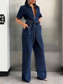 SHEIN Zipper Front Short Sleeves Casual Denim Jumpsuit - Dark Wash - View 3