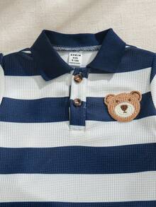 Souflis Souflis 男婴休闲可爱小熊刺绣徽章条纹短袖polo衫和短裤套装，适合夏季穿着