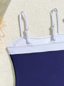 SHEIN 3 pièces/set Maillot de bain tankini et jupe pour filles, décoré d'étoiles de mer dorées avec contraste de couleurs bleu et blanc. Convient pour la plage, la piscine, le surf, les vacances et les voyages d'été - Bleu azur - Voir 4