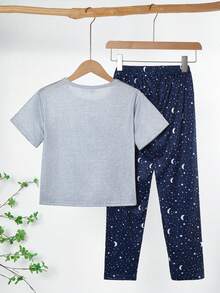 男童星空印花休闲短袖上衣和裤子两件套，舒适家居服 - 灰色 - 查看 2