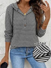 SHEIN LUNE Casual Minimalist Black & White Striped Waffle Knit Sweatshirt Sweatshirt, Suitable For Autumn/Winter Carnival - Multicolor - View 1