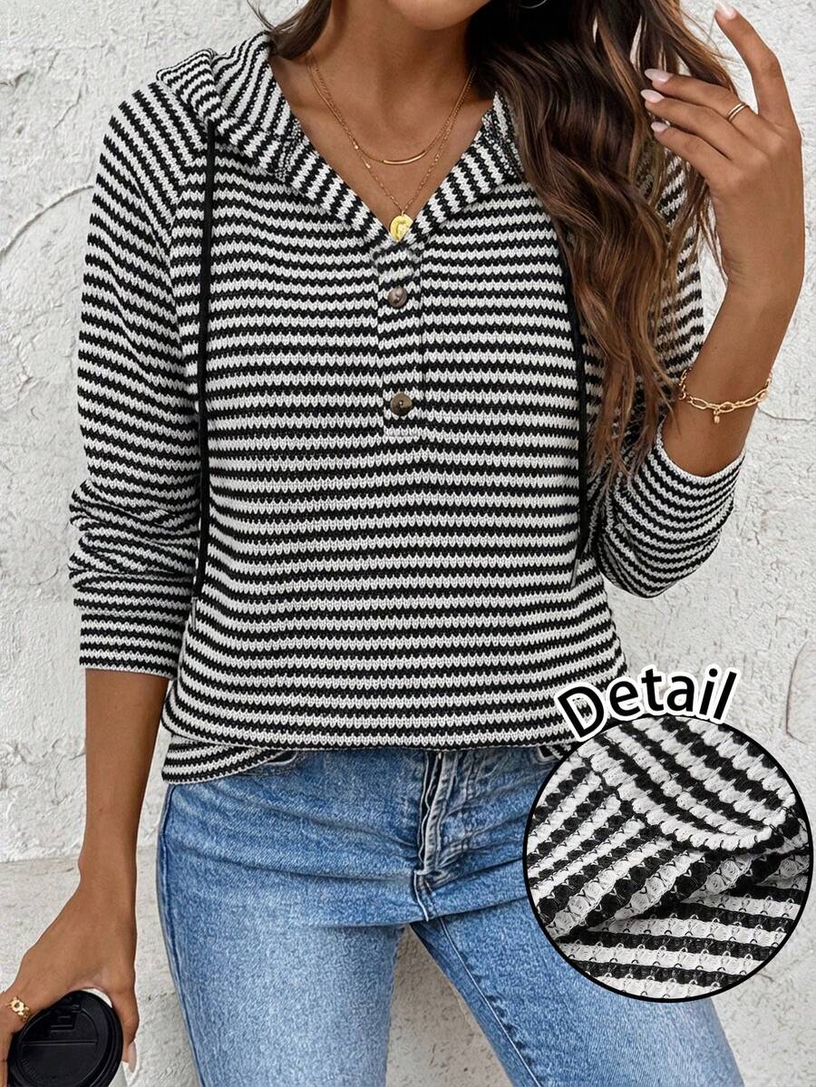 SHEIN LUNE Casual Minimalist Black & White Striped Waffle Knit Sweatshirt Sweatshirt, Suitable For Autumn/Winter Carnival - Multicolor - View 1
