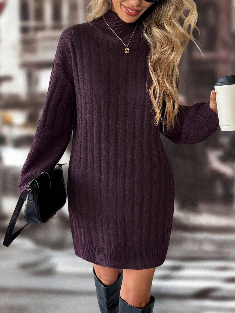 Chiquease Solid Color Turtleneck Ribbed Knit Long Sleeve Sweater Dress - Red Violet - View 1