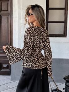 SHEIN Unity 秋冬宽松圆领喇叭袖褶皱豹纹衬衫 - 棕色 - 查看 3