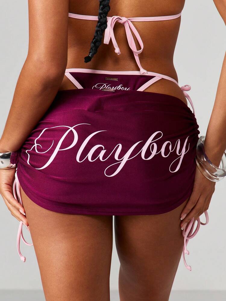 Missguided x Playboy Beach Logo Ruched Side Tie High Rise Bikini Bottom With Brand Script Print