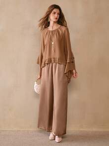 Florisole Women's Romantic Bohemian Loose Ruffled Blouse And Satin Pants 2 Pieces Set, Spring/Autumn - Khaki - View 1