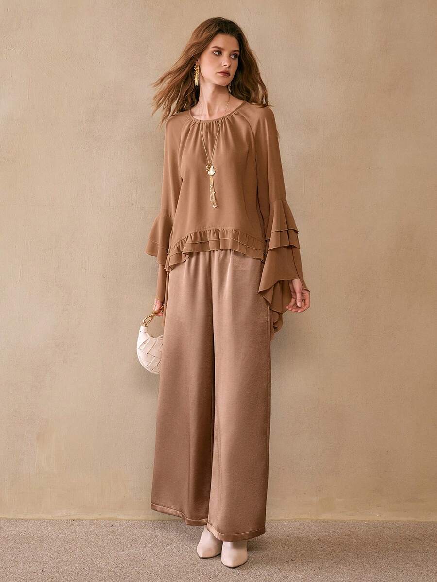 Florisole Women's Romantic Bohemian Loose Ruffled Blouse And Satin Pants 2 Pieces Set, Spring/Autumn - Khaki - View 1