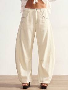 Bohemela 休闲宽松纯色梭织女裤，适合春季、夏季、波西米亚风、度假、情人节、音乐节等场合。 - 杏色 - 查看 3