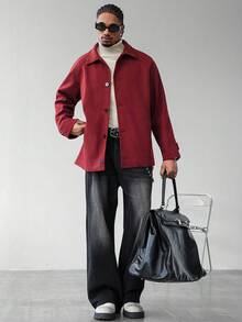 Manfinity Homme 男士纯色插肩袖单排扣休闲羊毛混纺夹克，秋冬男士外套，男士夹克，羊毛夹克，男士衬衫式外套，男士外衣 - 紅色 - 查看 3