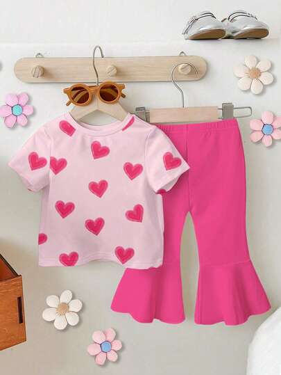 1 Set Baby Girls Casual Fashionable Cute Sweet Heart Print Round Neck Short Sleeve T-Shirt And Flare Pants Set, Suitable For Valentine's Day And Daily Wear