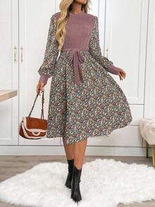 SHEIN LUNE Váy midi tay dài họa tiết hoa chắp vá thường ngày dành cho nữ - Màu tím - Xem 1