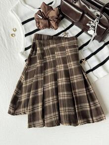 Comfortcana 大码复古格子褶皱 A 字裙 - 棕色 - 查看 1