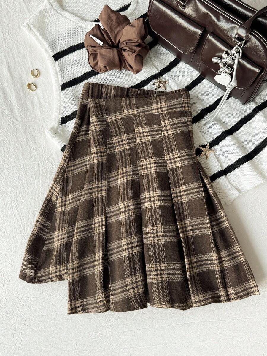 Comfortcana 大码复古格子褶皱 A 字裙 - 棕色 - 查看 1