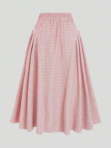 Sweetra Plus Size Women Houndstooth Elegant A-Line Skirt - Pink - View 2