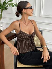 Serisse Women's Spaghetti Strap Tie-Up Sweetheart Collar Striped Fashionable Ruffle Hem Camisole Summer Casual Brown - Coffee Brown - View 4