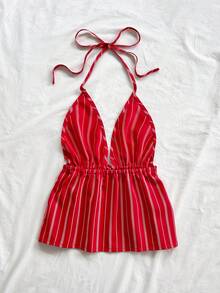 Soleia Áo ba lỗ hở lưng cổ chữ V, chất liệu vải họa tiết màu trắng dành cho nữ, thích hợp cho tiệc tùng, ngày lễ, hẹn hò, ngày lễ tình nhân, trà chiều - Đỏ - Xem 2