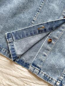 SHEIN Vintaside Kids Rochie de primăvară/toamnă pentru fete, cu guler răsturnat, mânecă lungă, la modă, elegantă, din denim spălat, de înaltă calitate, potrivită pentru activități casual în aer liber și întâlniri cu prietenii, oferind un aspect confortabil și relaxat, cu un design simplu și confortabil. - Bleu - Vizualizare 4