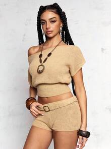 ROMWE J-Fashion Vintage Sexy Glitter Knit Adjustable Asymmetrical Shoulder Women Sweater Set - Gold - View 4