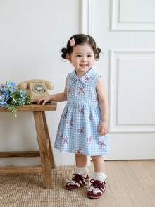 SHEIN Vintaside Kids 女婴可爱彩色格子无袖polo领连衣裙，适合夏季购物和户外玩耍 - 藍色 - 查看 8