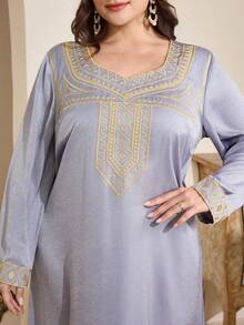 Al Najma Plus Size Women Geometric Embroidery V-Neck Long Sleeve Loose Arabic Style Dress - Dusty Blue - View 1