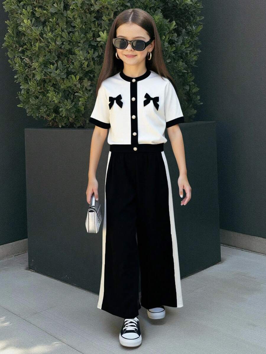 Firerie Kids Firerie Kids 少女休闲正式优雅返校套装,黑白撞色珍珠纽扣上衣搭配直筒撞色裤 - 黑色 - 查看 1