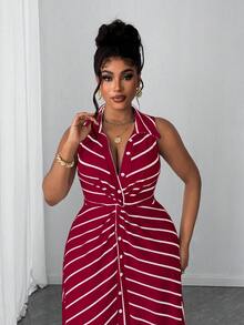 Maweii Plus Size Women Casual Striped Knit Twist Design Dress