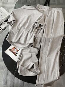 Resyla Women's Casual Cherry Print T-Shirt And Pants 2 Pieces Set, Summer - Light Grey - View 2